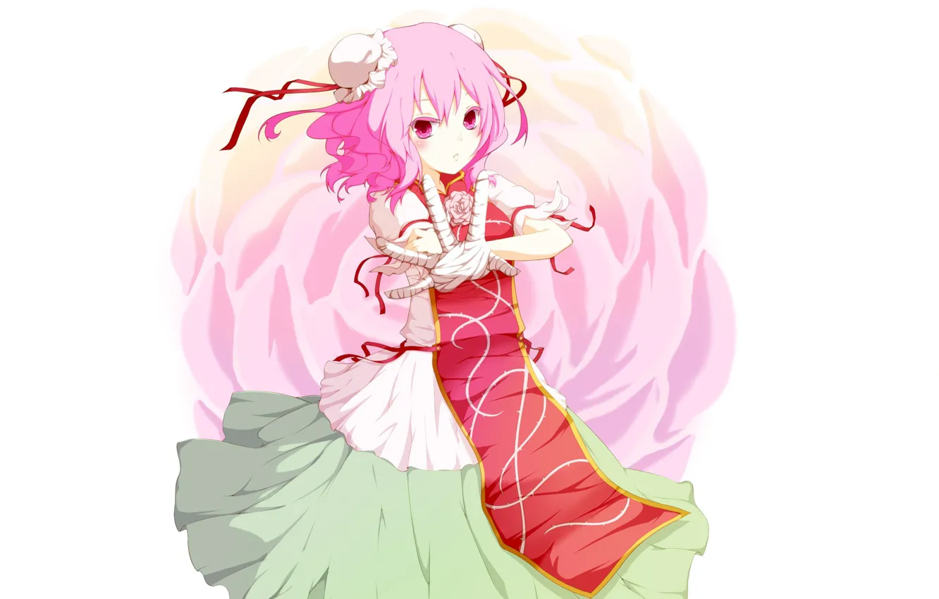 Photo wallpaper white background, pink hair, pink rose, stretched out his right hand, Ibaraki Kasen, Touhou Project, …