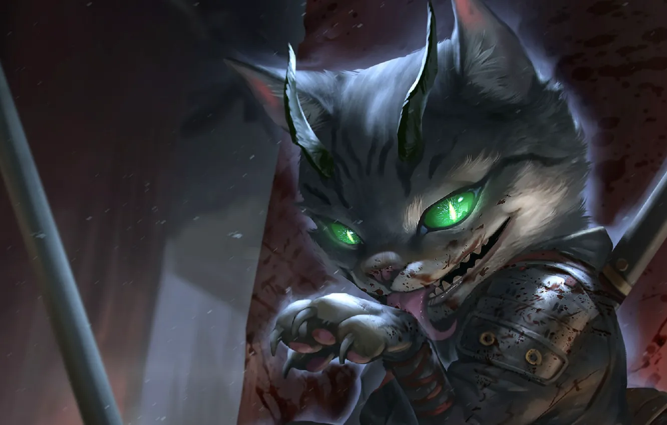 Photo wallpaper face, claws, horns, licked, Tomcat, burning eyes, blood spatter, hell of a grin