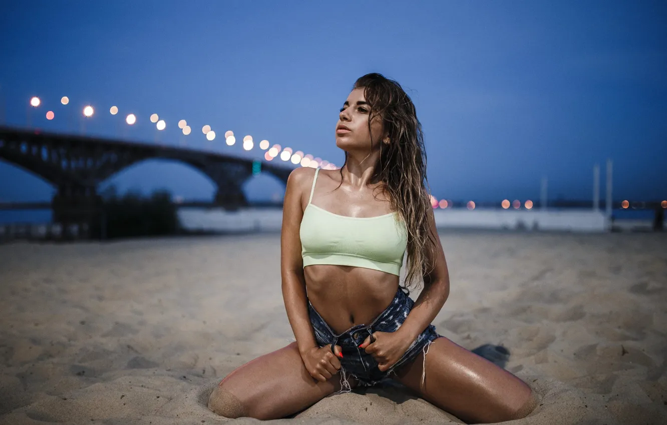 Photo wallpaper sand, beach, bridge, lights, shorts, Girl, the evening, Yuri Zhvakin