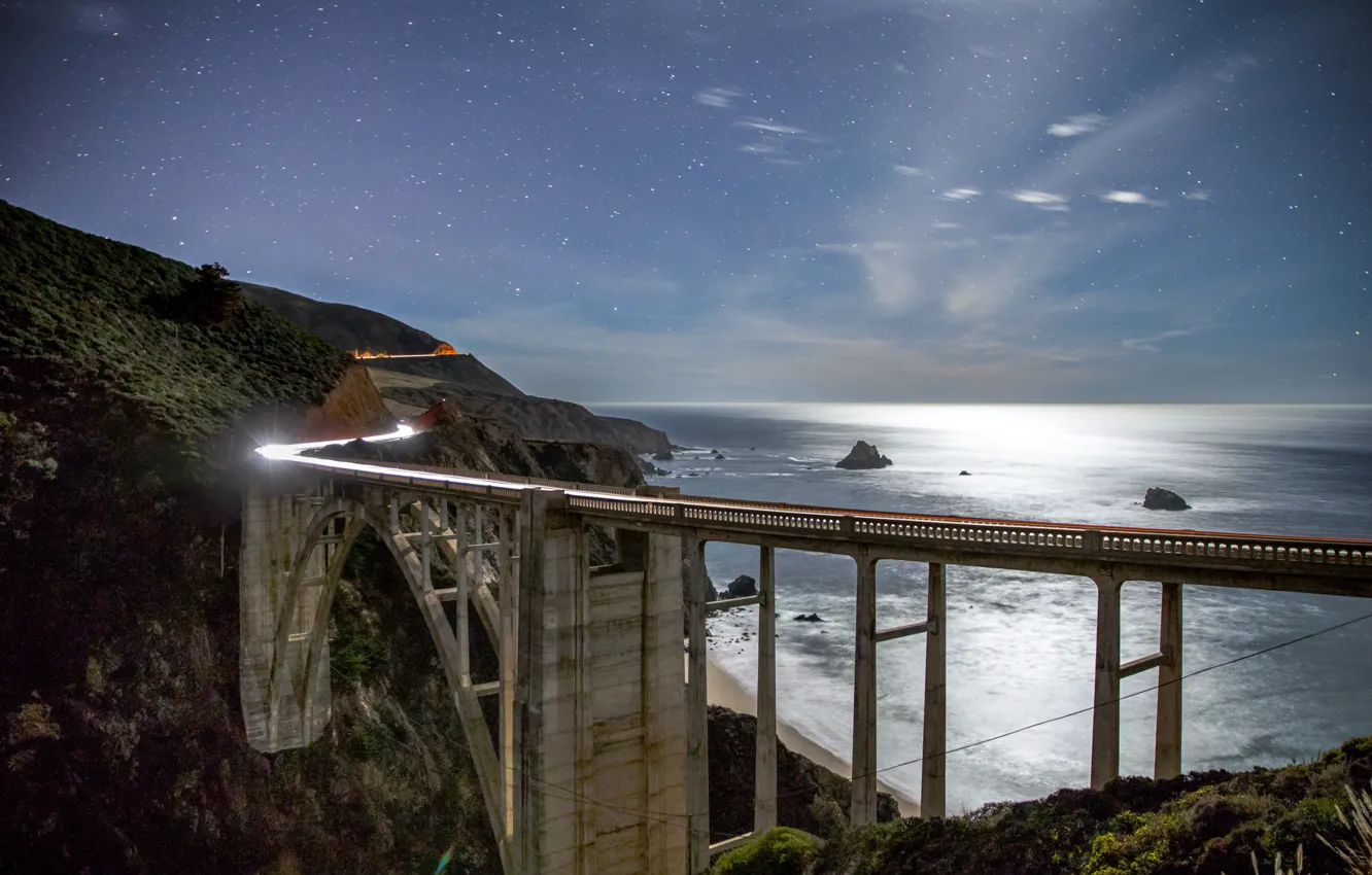 Photo wallpaper road, the sky, stars, landscape, mountains, night, bridge, the ocean