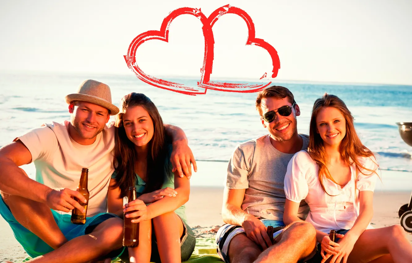 Photo wallpaper sand, sea, the sky, girl, the sun, red, smile, mood