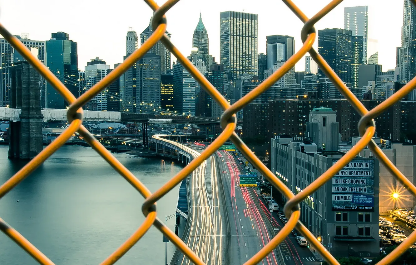 Photo wallpaper road, bridge, the city, mesh, skyscrapers, grille
