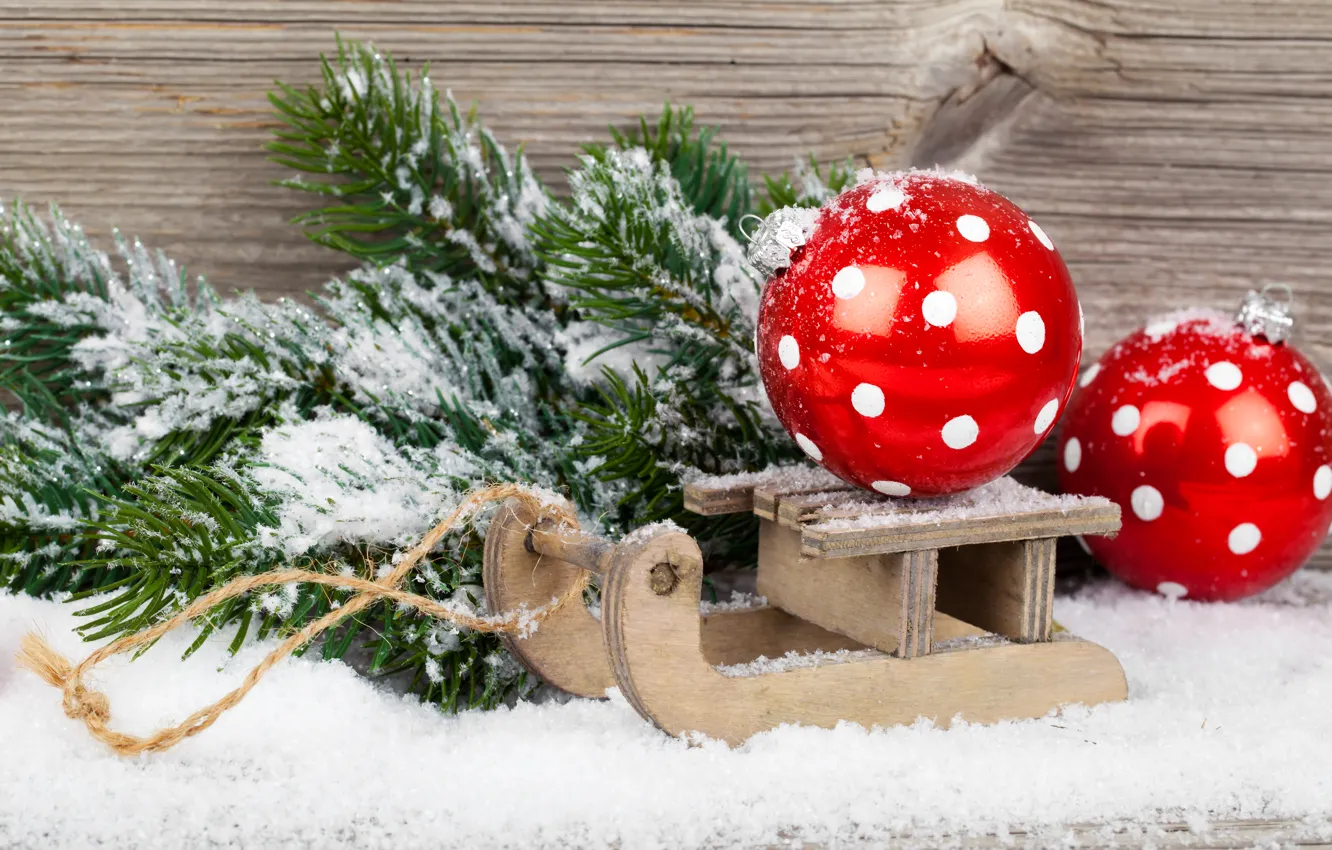 Photo wallpaper winter, balls, snow, branches, red, holiday, toy, tree