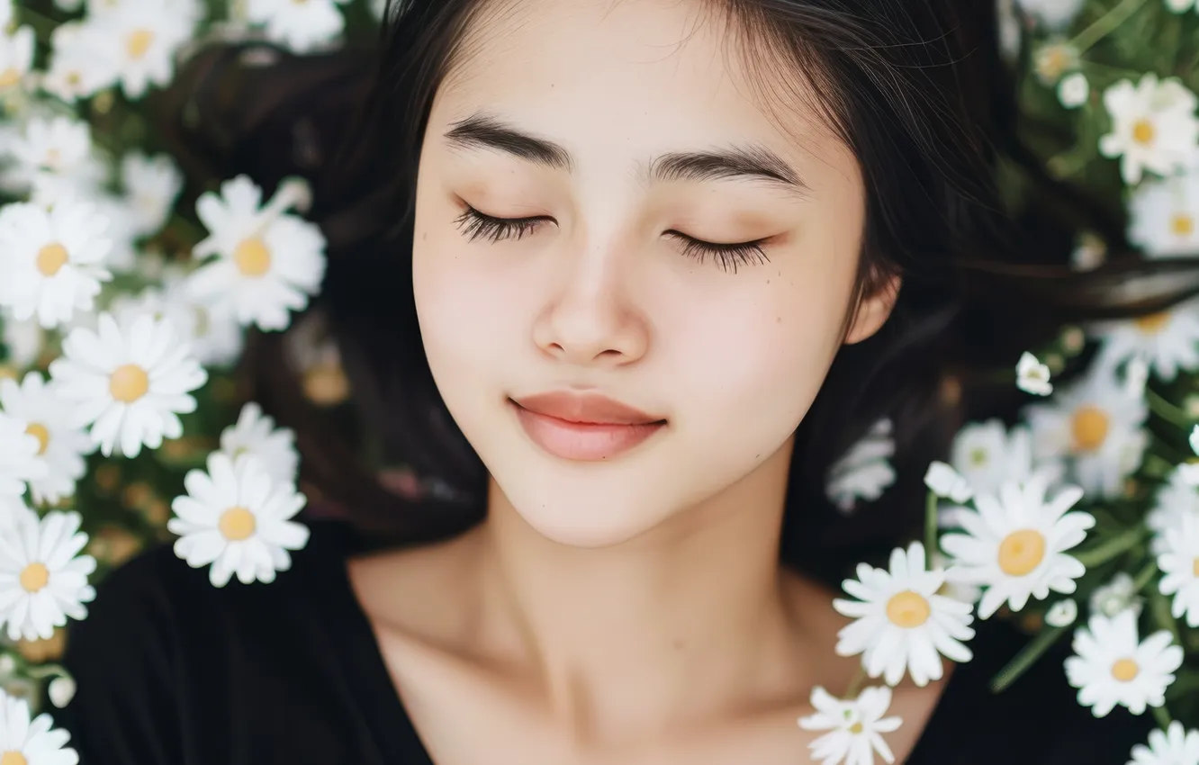 Photo wallpaper girl, flowers, glade, sleep, chamomile, sleeping, Asian, in black