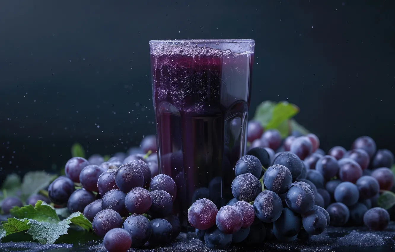 Photo wallpaper blue, glass, the dark background, table, juice, grapes, drink, GRAPE