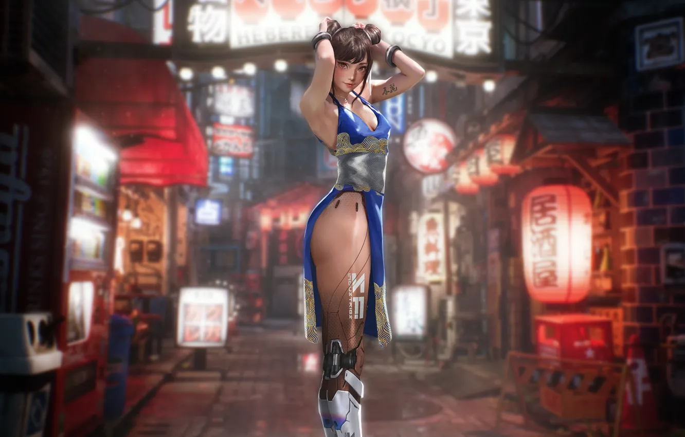Photo wallpaper girl, city, art, fantasy, art, cyborg, Street Fighter, Chun-Li