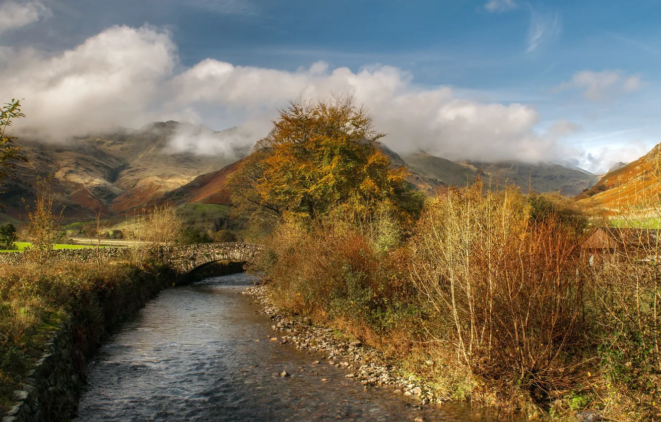 Photo wallpaper clouds, mountains, bridge, river, England, Cumbria