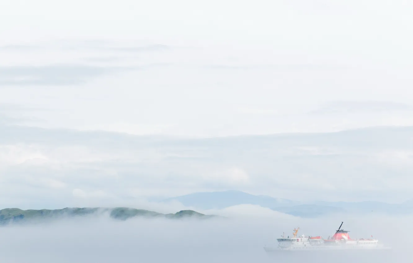 Photo wallpaper the sky, clouds, mountains, ship, minimalism