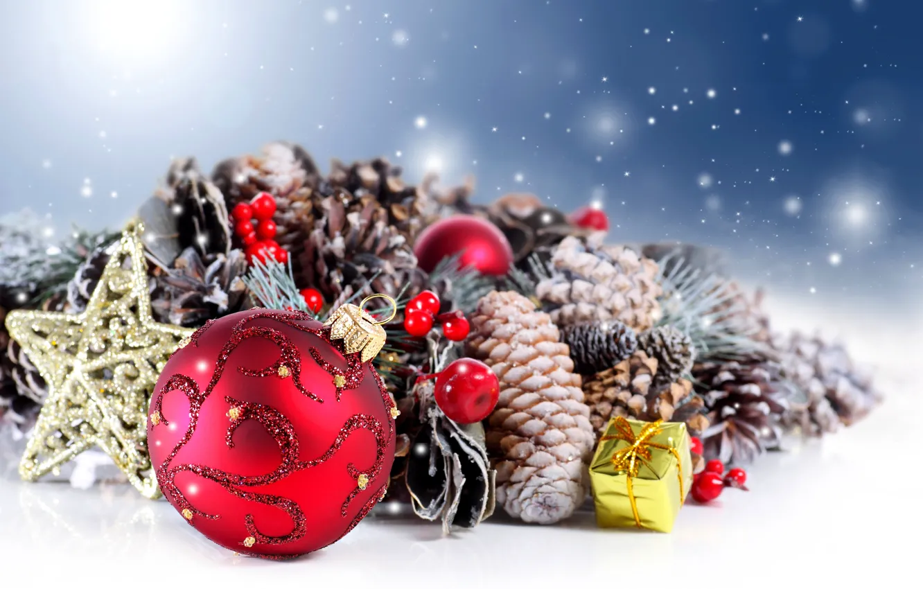 Photo wallpaper winter, decoration, gift, balls, New Year, Christmas, star, balls