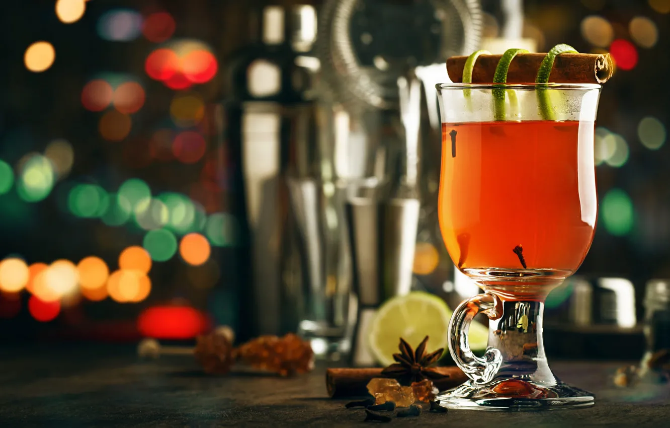 Photo wallpaper glass, lights, table, glass, new year, Christmas, dishes, lime