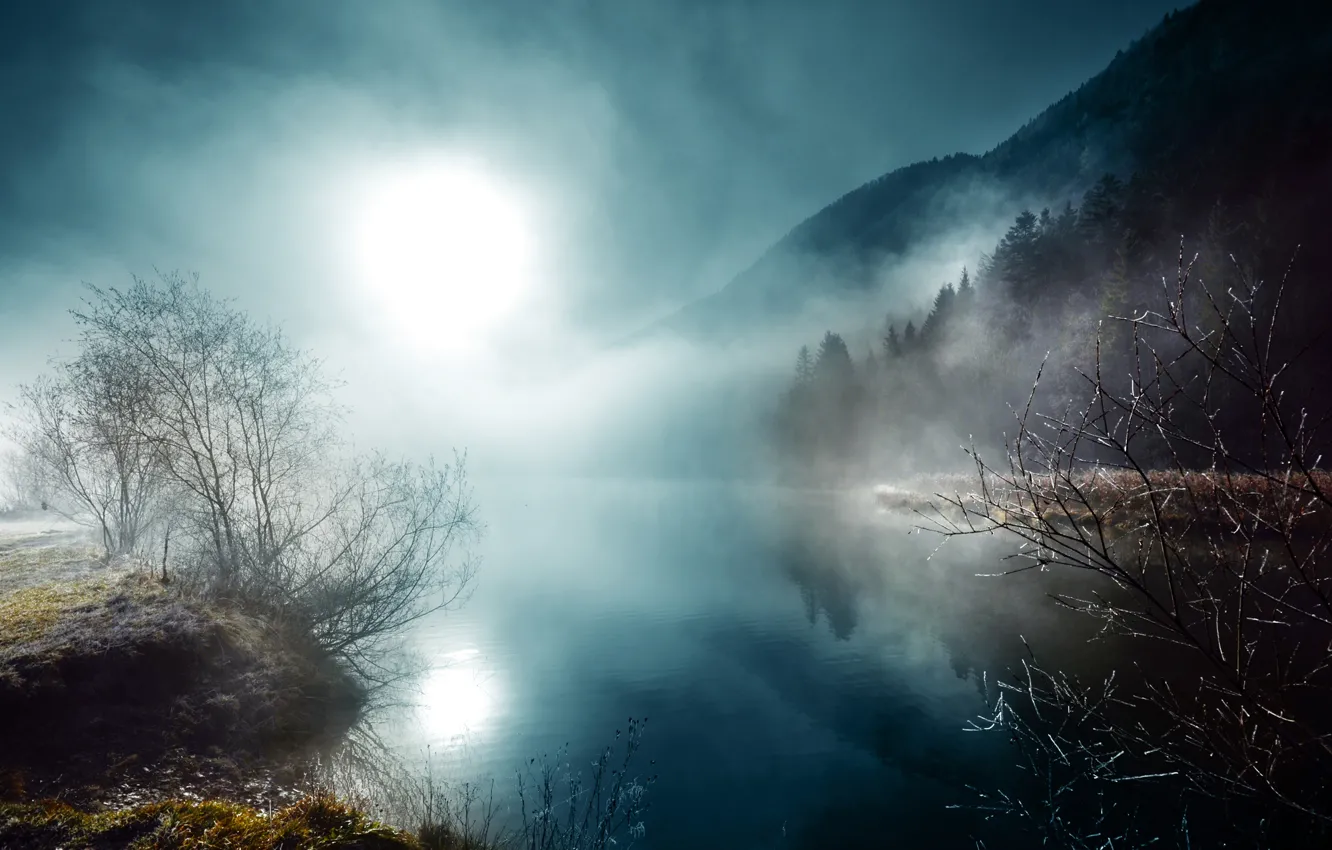 Photo wallpaper night, fog, river, the moon