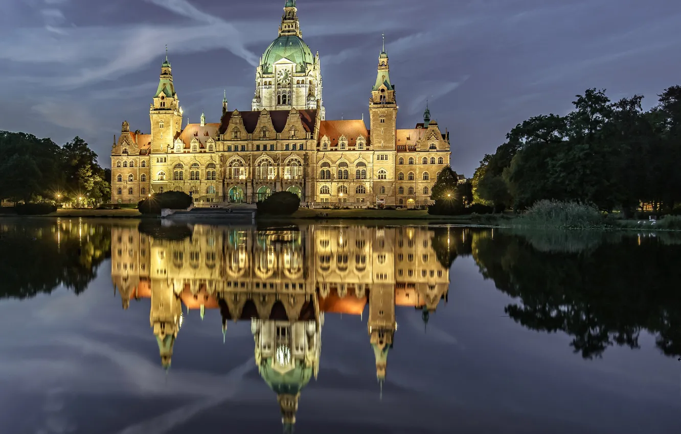 Photo wallpaper landscape, night, lights, pond, Park, Germany, Hanover, new town hall