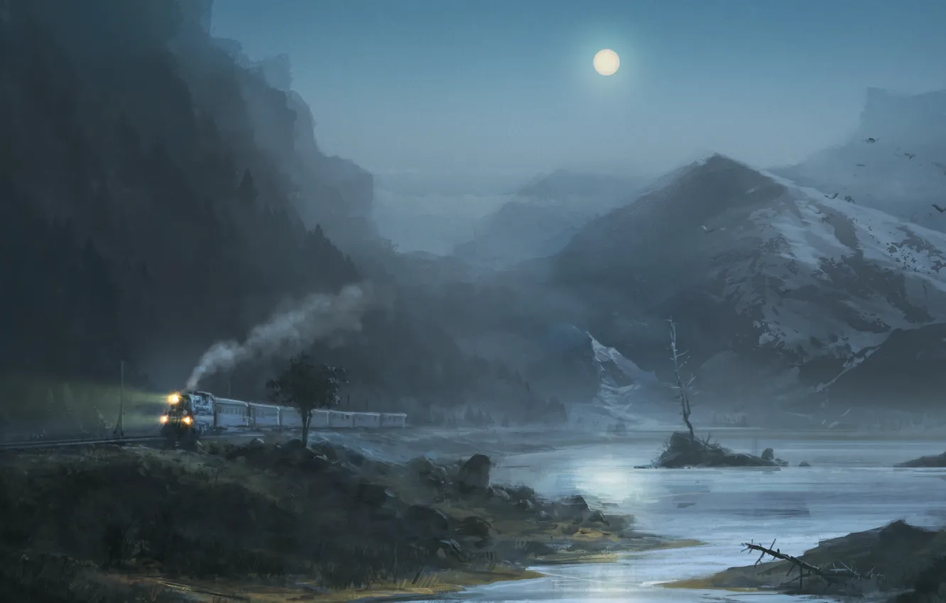 Photo wallpaper mountains, birds, night, lake, the moon, Train