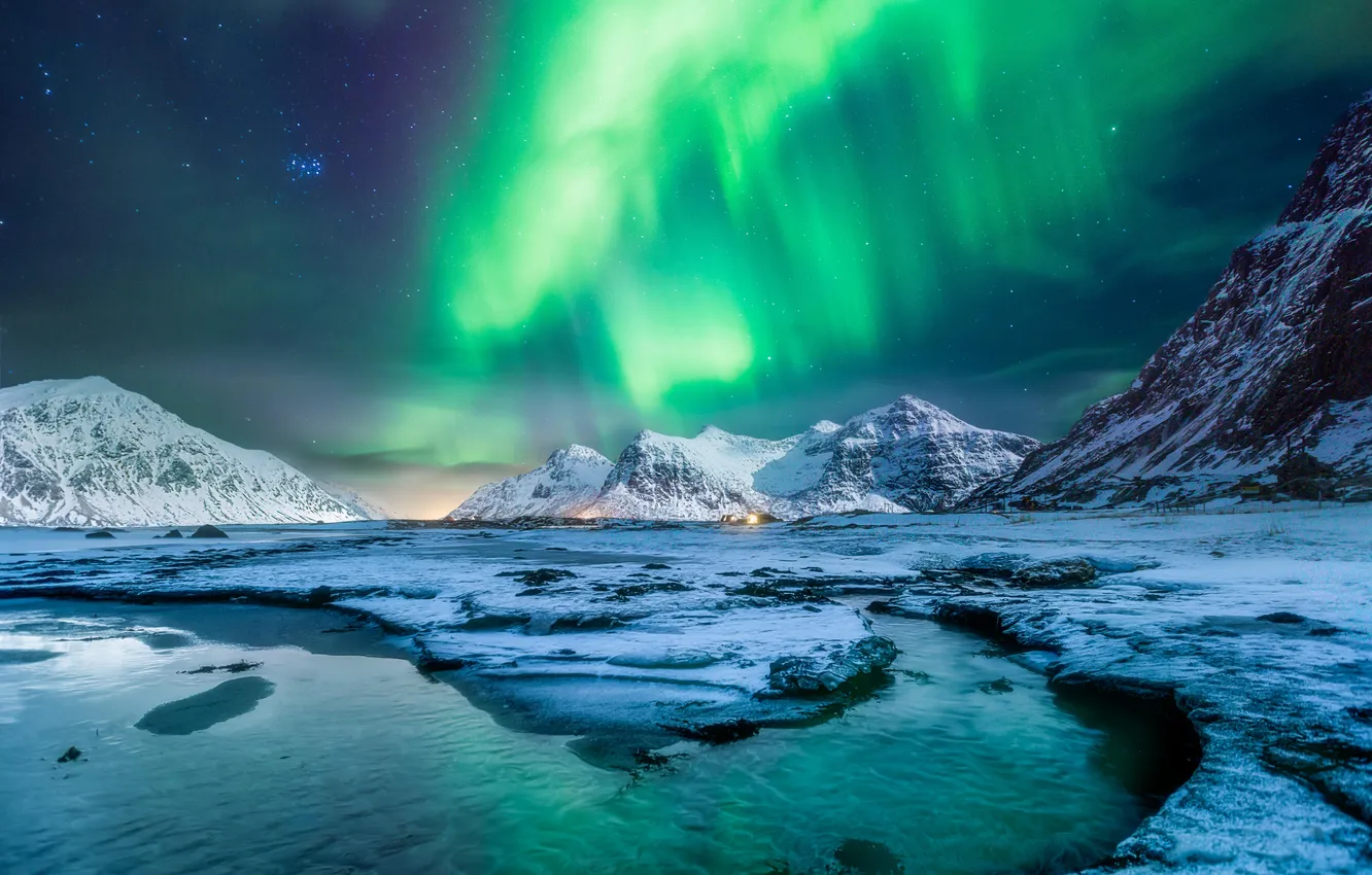 Photo wallpaper wallpaper, Sky, Winter, Night, Polar Lights, Lezhnik, Gray glow