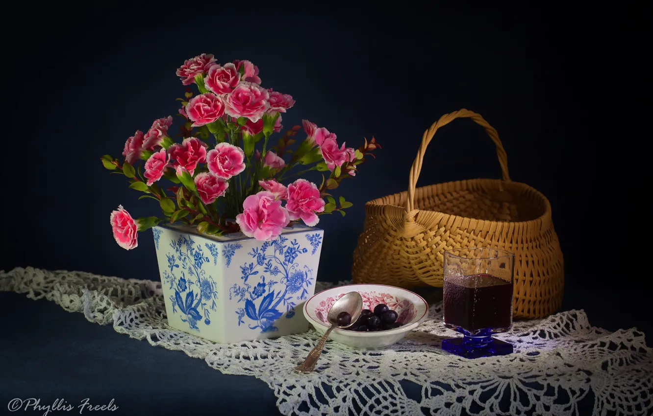 Photo wallpaper flowers, style, background, basket, glass, still life, napkin, clove
