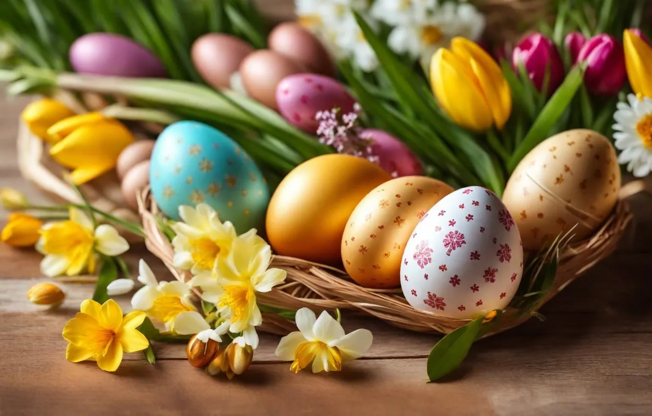 Photo wallpaper flowers, eggs, spring, colorful, Easter, flowers, spring, Easter