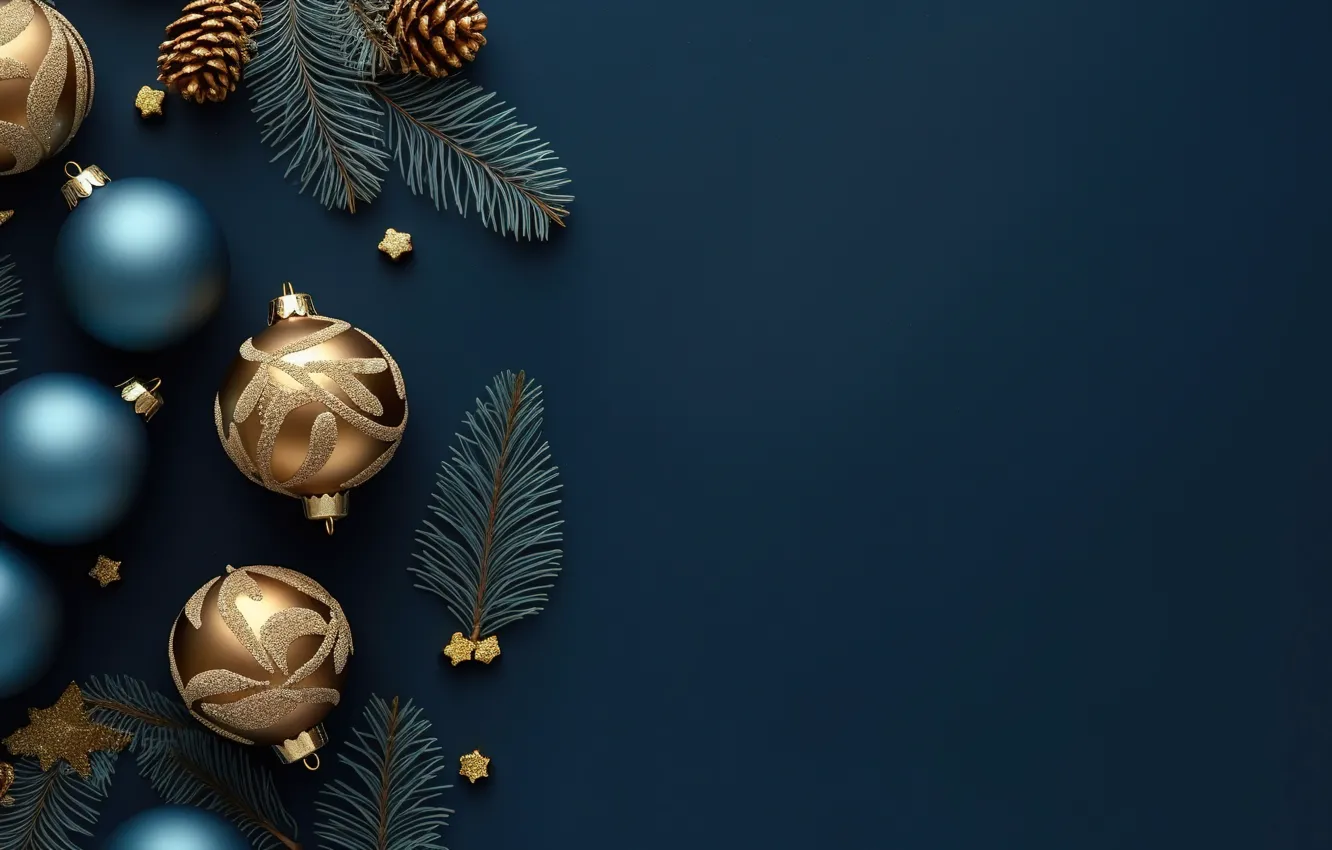 Photo wallpaper decoration, the dark background, balls, new year, Christmas, golden, Christmas, balls
