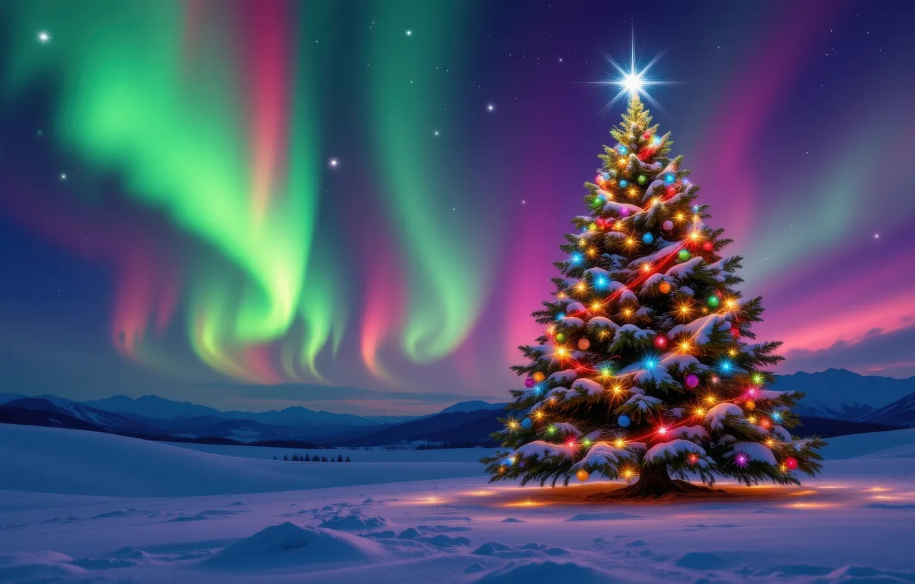 Photo wallpaper winter, field, stars, balls, snow, night, lights, new year