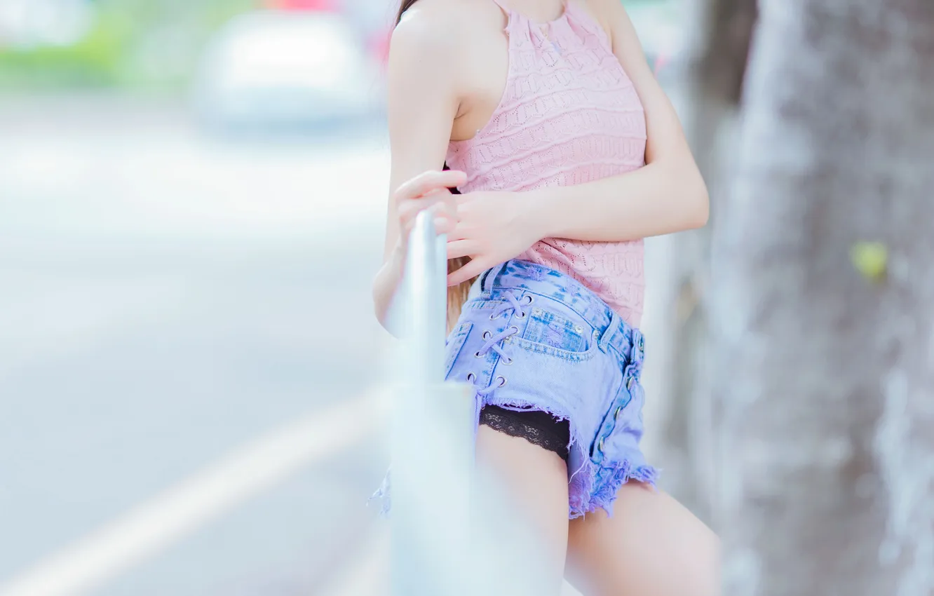 Photo wallpaper shorts, woman, tree, model, jeans, Denim, asian, outdoor