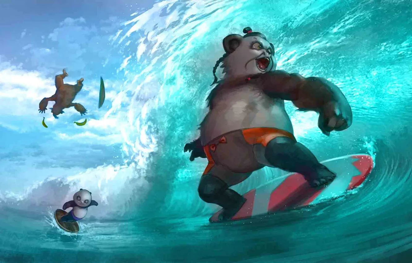 Photo wallpaper wave, fantasy, the ocean, the game, Board, art, Panda, surfing