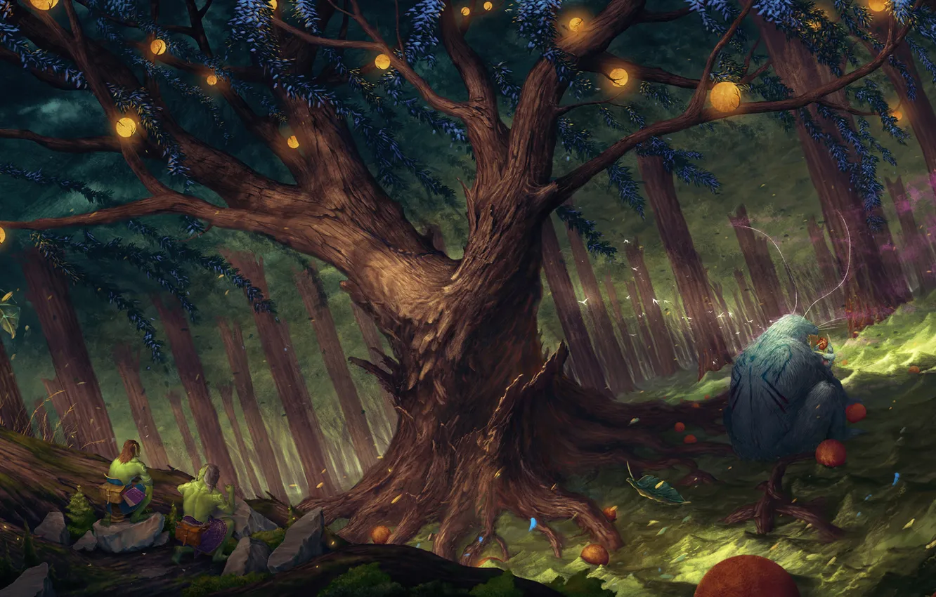 Photo wallpaper leaves, trees, the wind, butterfly, being, lights, lights, the forest people