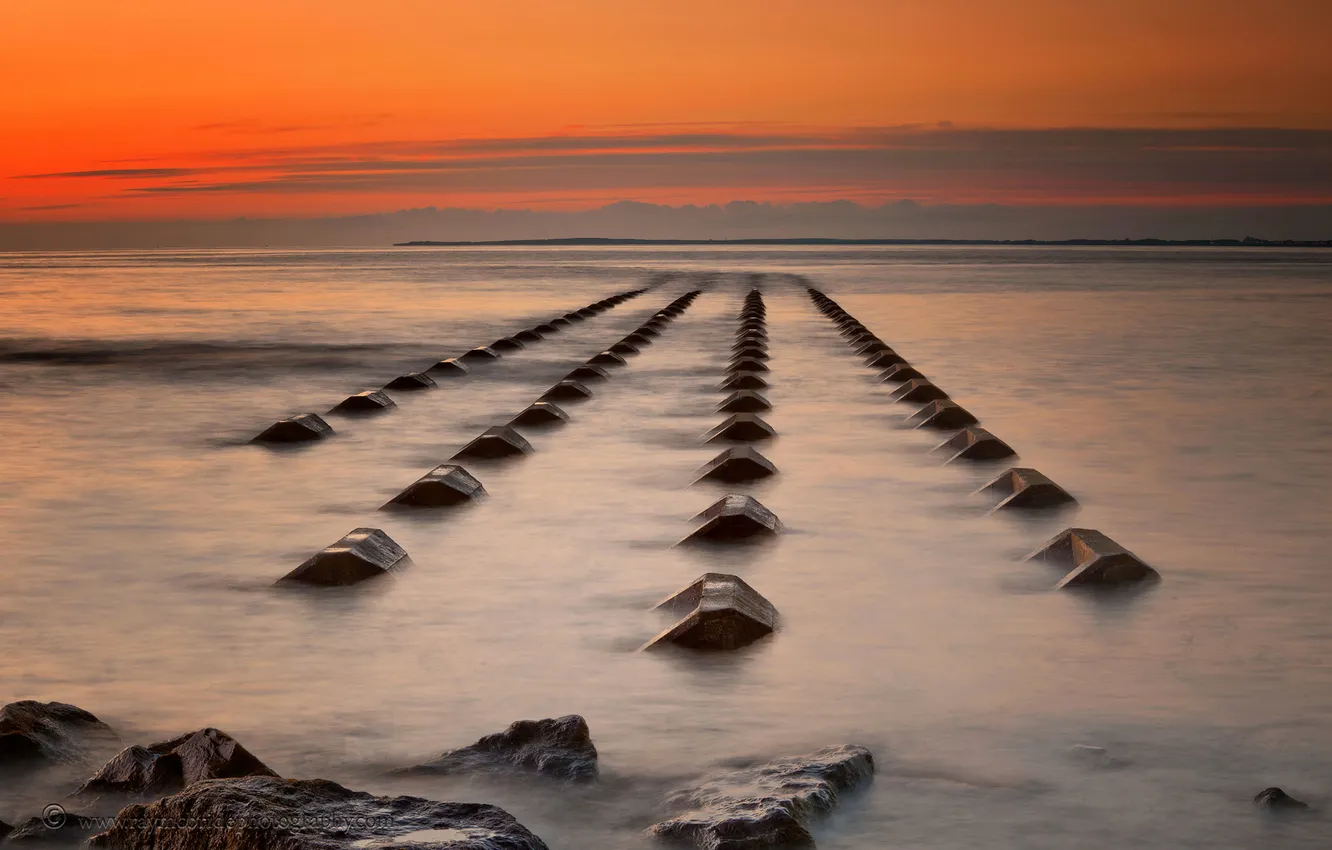 Photo wallpaper sea, the sky, clouds, sunset, stones
