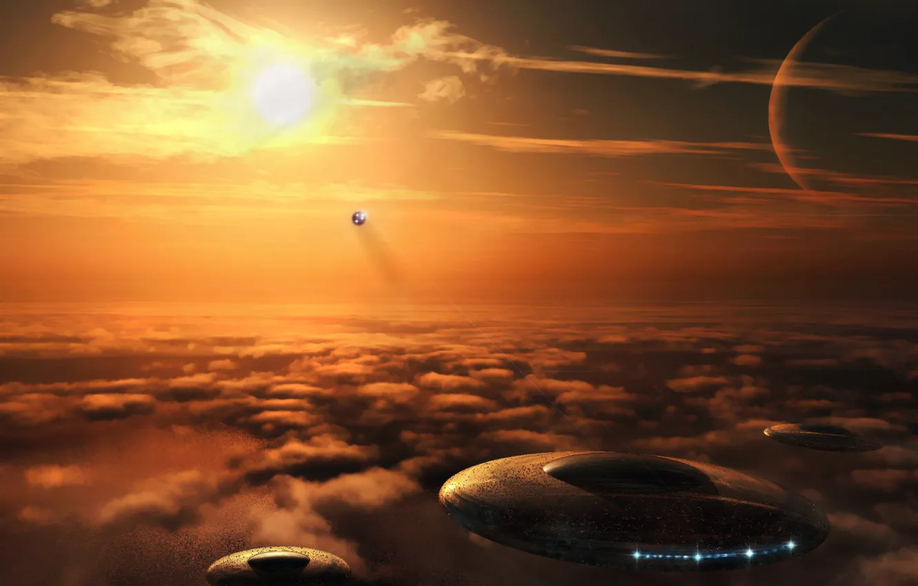 Photo wallpaper the sun, UFO, plate, the fire