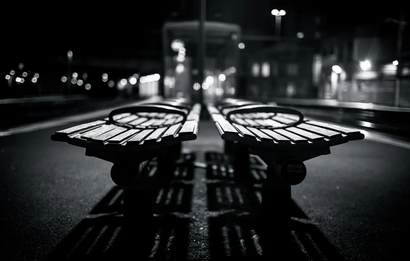 Photo wallpaper light, bokeh, shadows, benches, grayscale