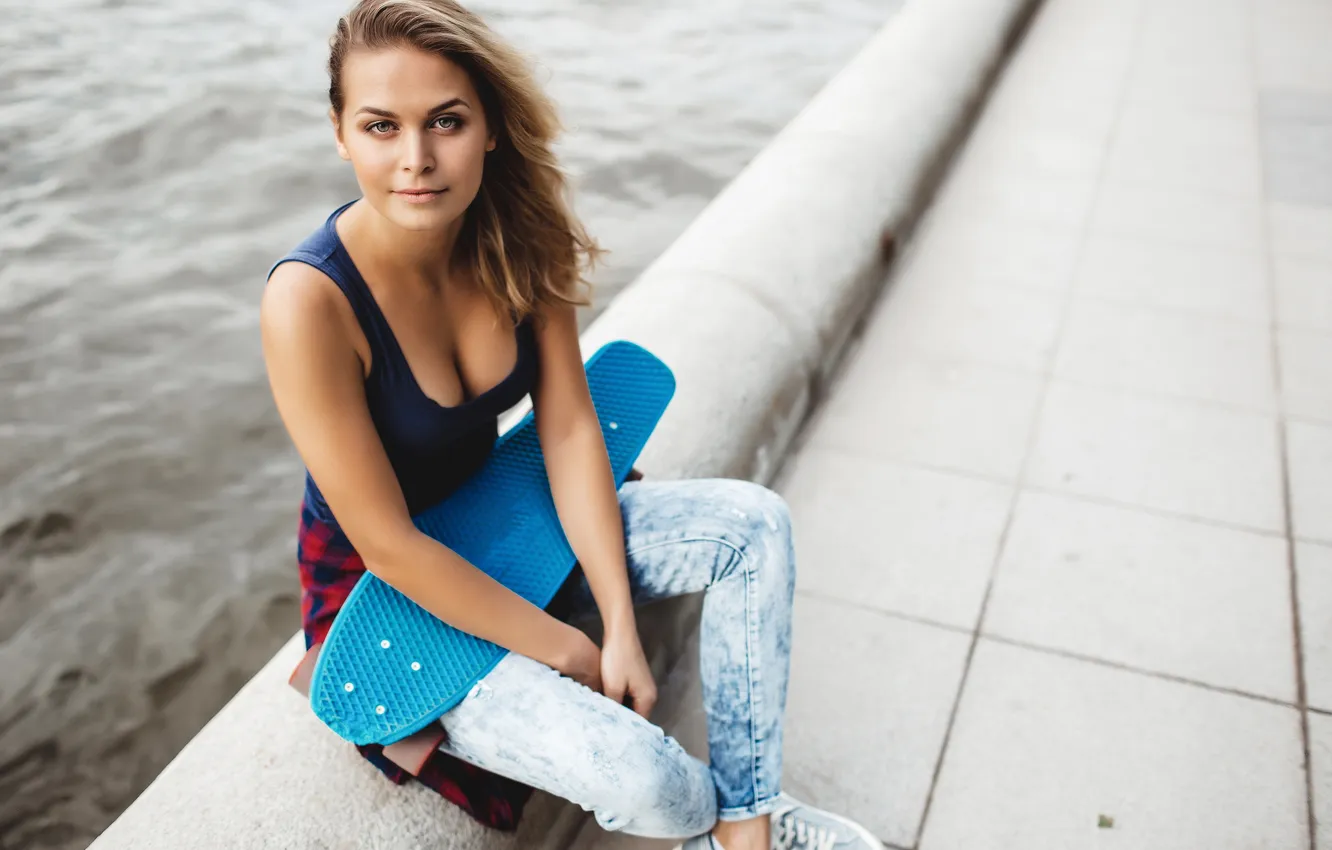 Photo wallpaper woman, blonde, skateboard, beautiful, posing