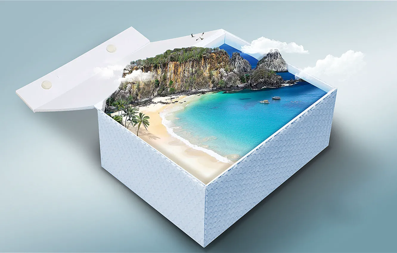 Photo wallpaper beach, box, clouds, island, gift, boats, cliff, seagulls