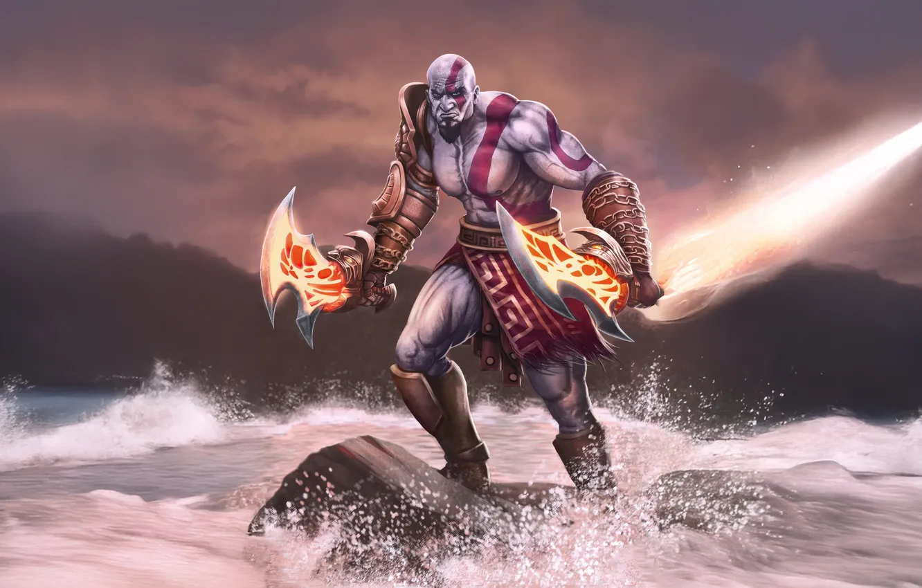 Photo wallpaper Sony, Ragnarok, sea, weapon, Kratos, God of War, snow, blow