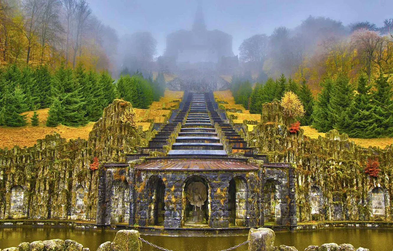 Photo wallpaper autumn, trees, fog, waterfall, spruce, Germany, cascade, Hesse
