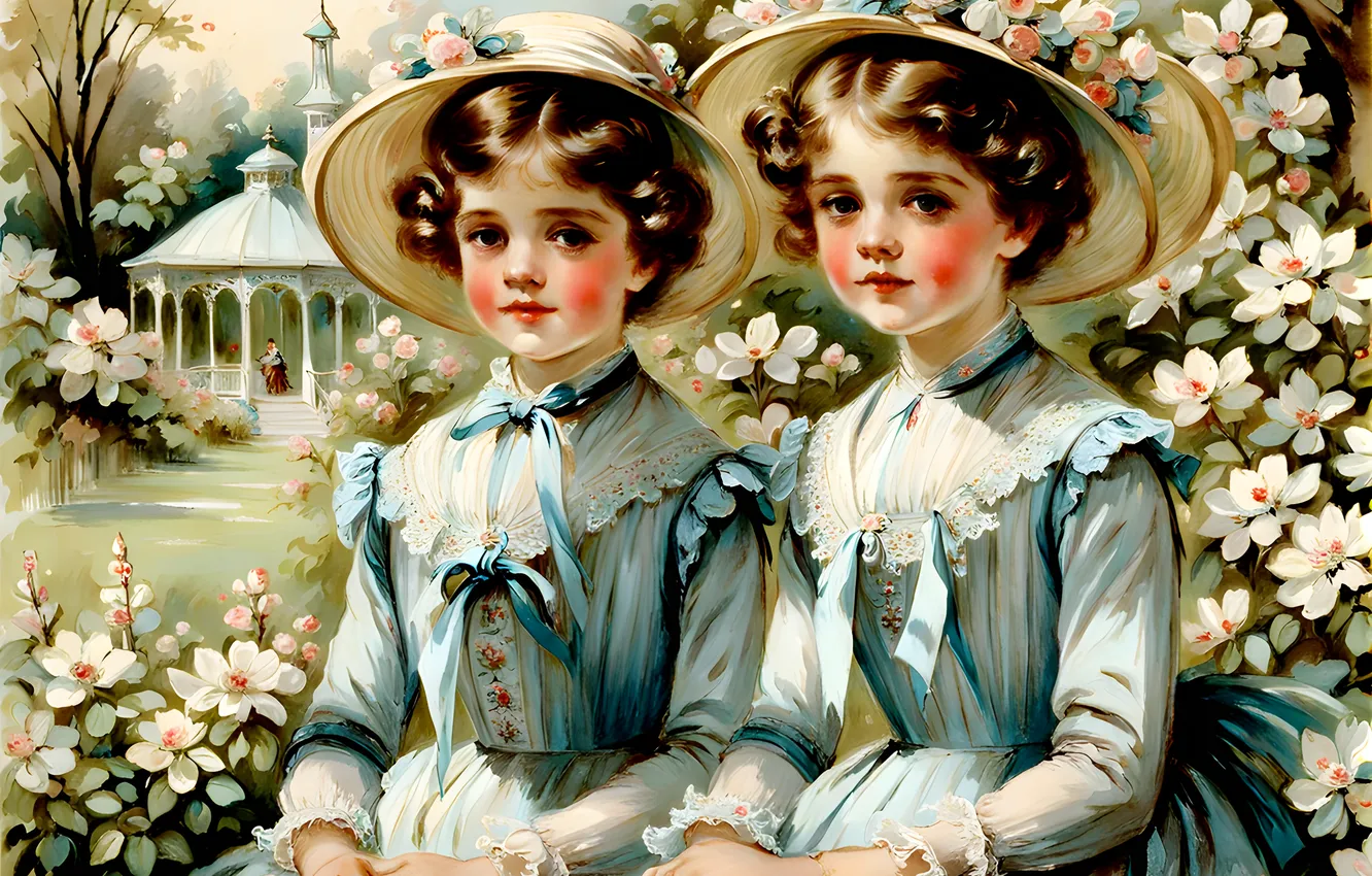 Photo wallpaper flowers, children, retro, girls, spring, garden, outfit, hats