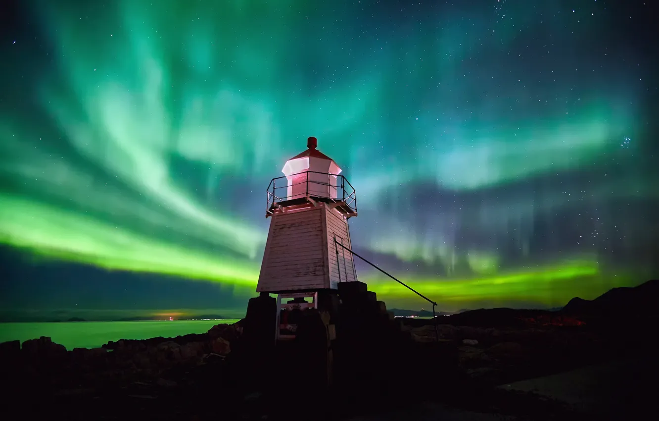 Photo wallpaper the sky, stars, night, stones, rocks, lighthouse, Northern lights