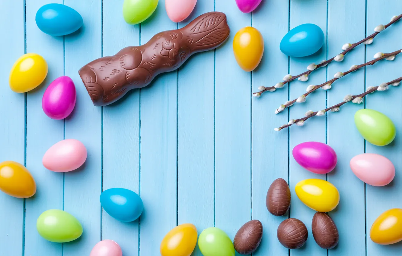 Photo wallpaper chocolate, eggs, colorful, rabbit, candy, Easter, wood, Verba