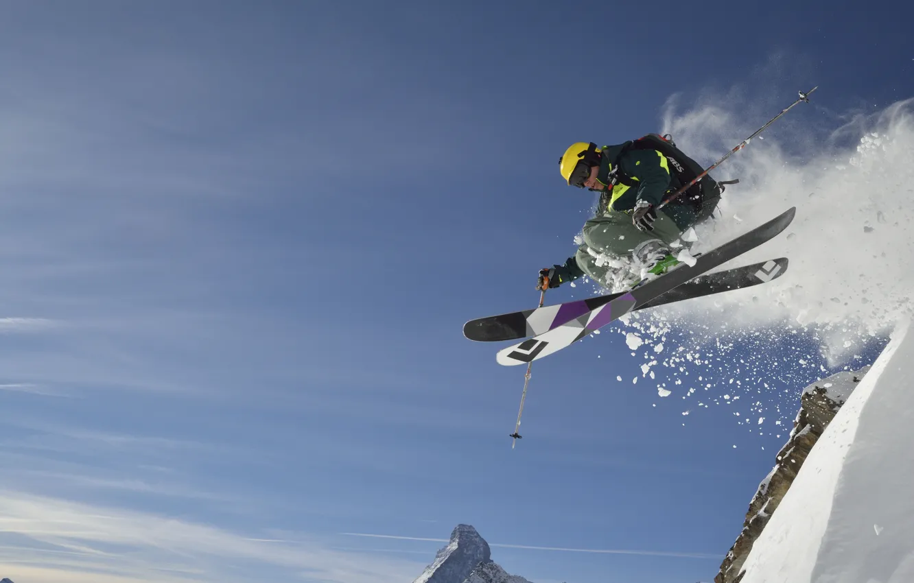 Photo wallpaper jump, mountain, snow, ski, skiing, extreme sport