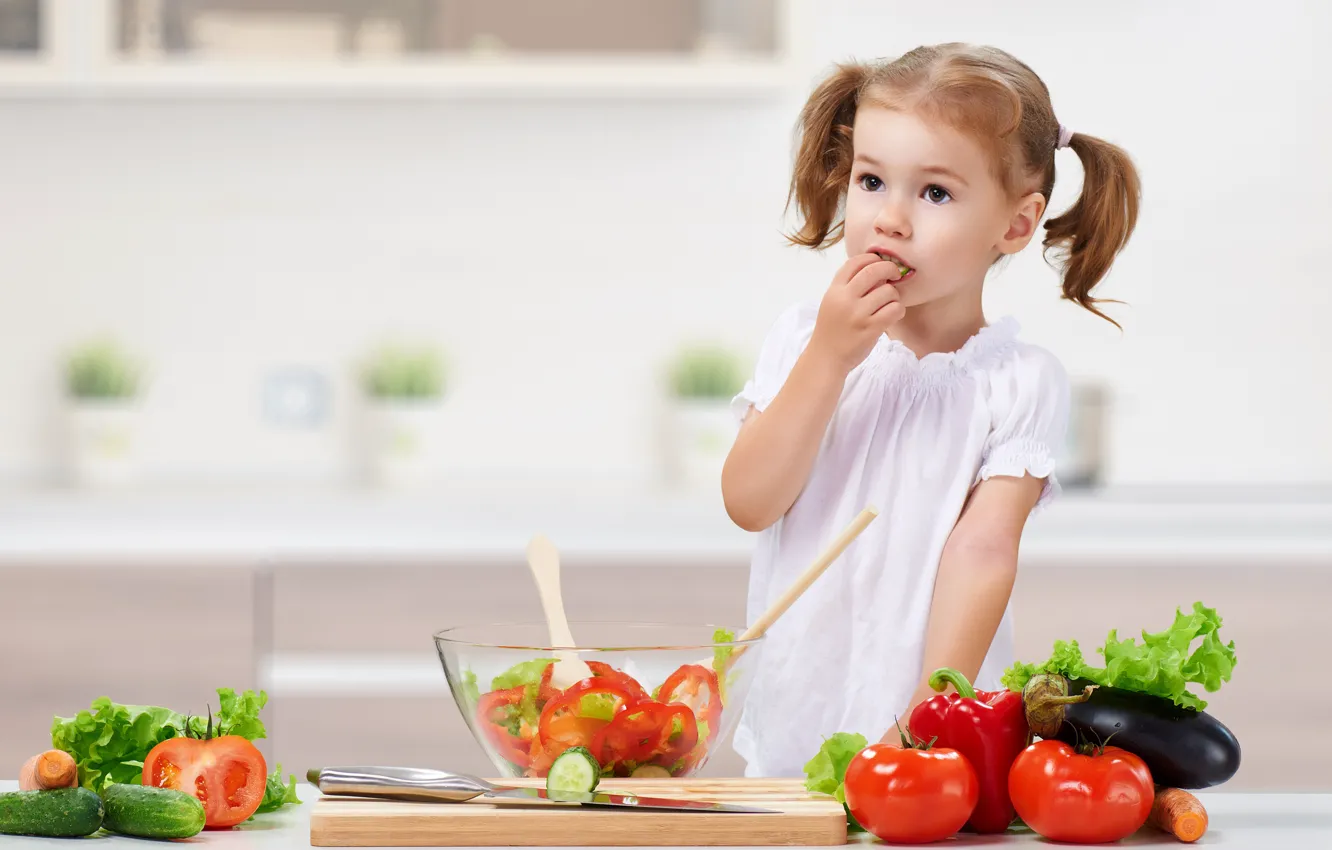 Photo wallpaper child, kitchen, girl, vegetables, child, salad, tomatoes, vegetables