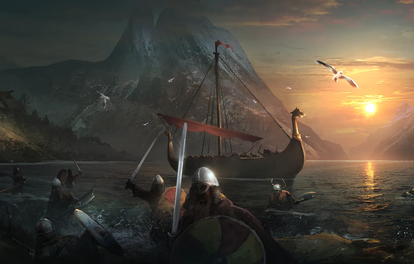 Photo wallpaper sea, water, sunset, mountains, bird, ship, sword, the evening