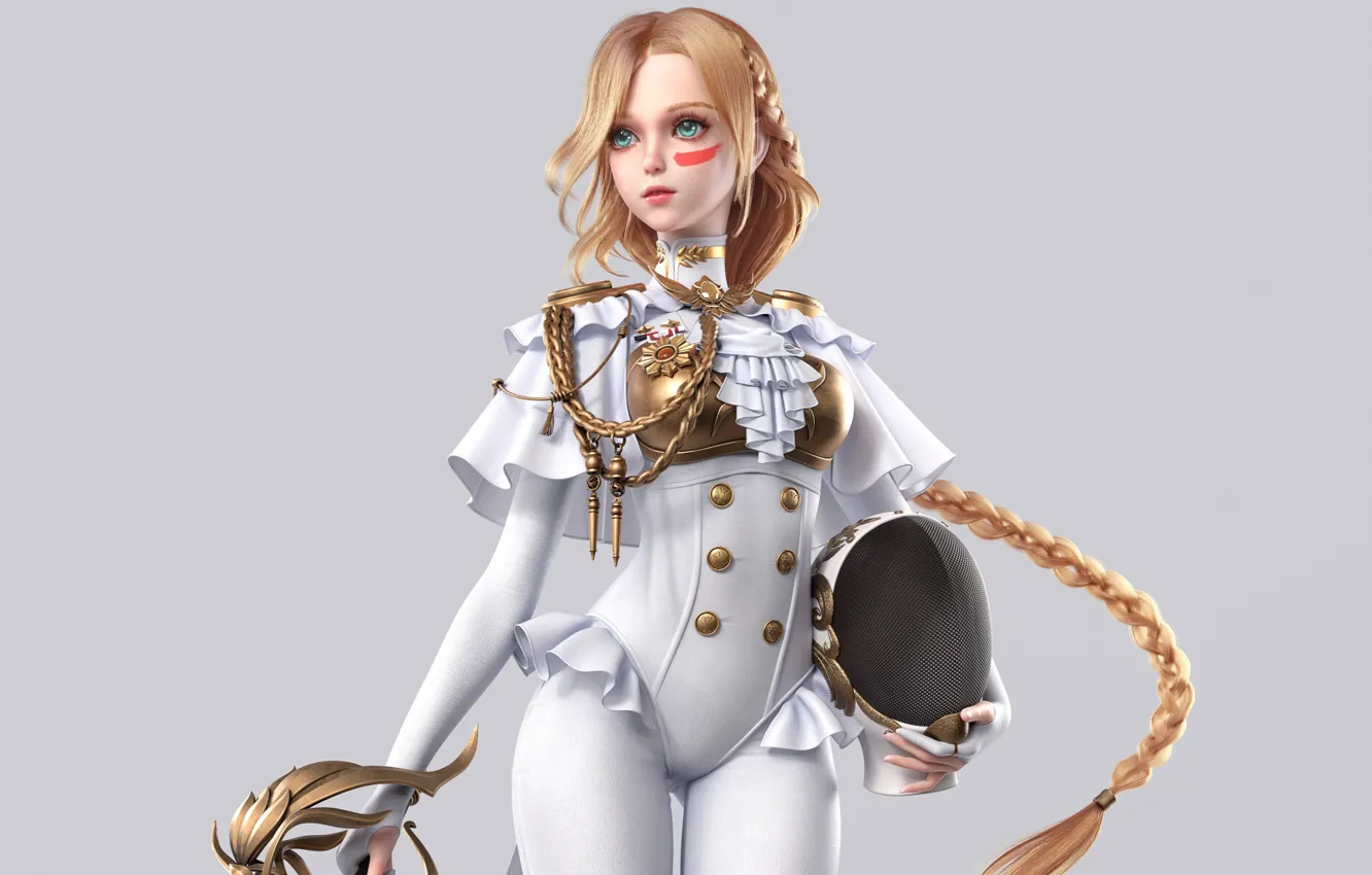 Photo wallpaper anime, women, artwork, standing, anime girls, simple background, gray background, ArtStation