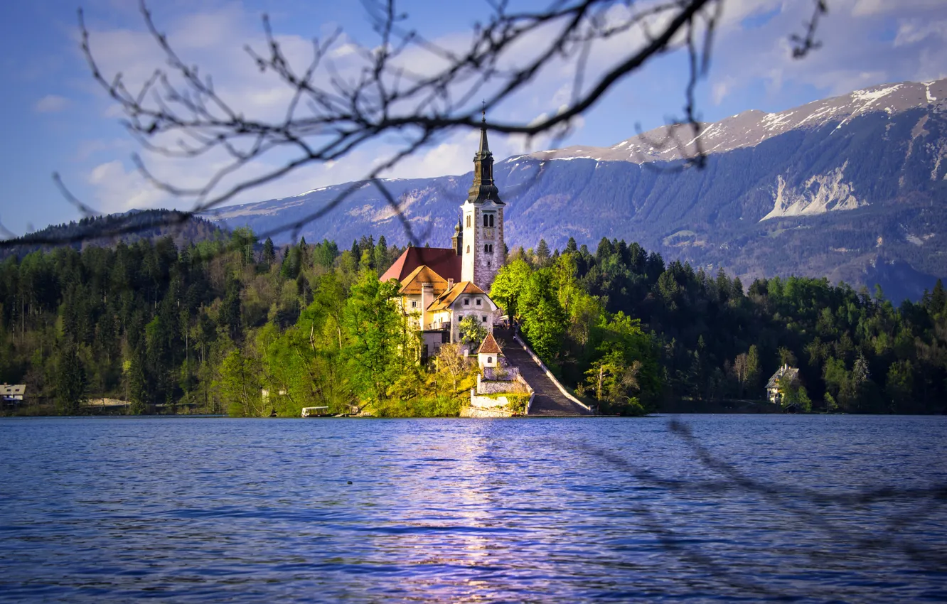 Photo wallpaper mountains, lake, island, Church, Slovenia, Lake Bled, Slovenia, Lake bled