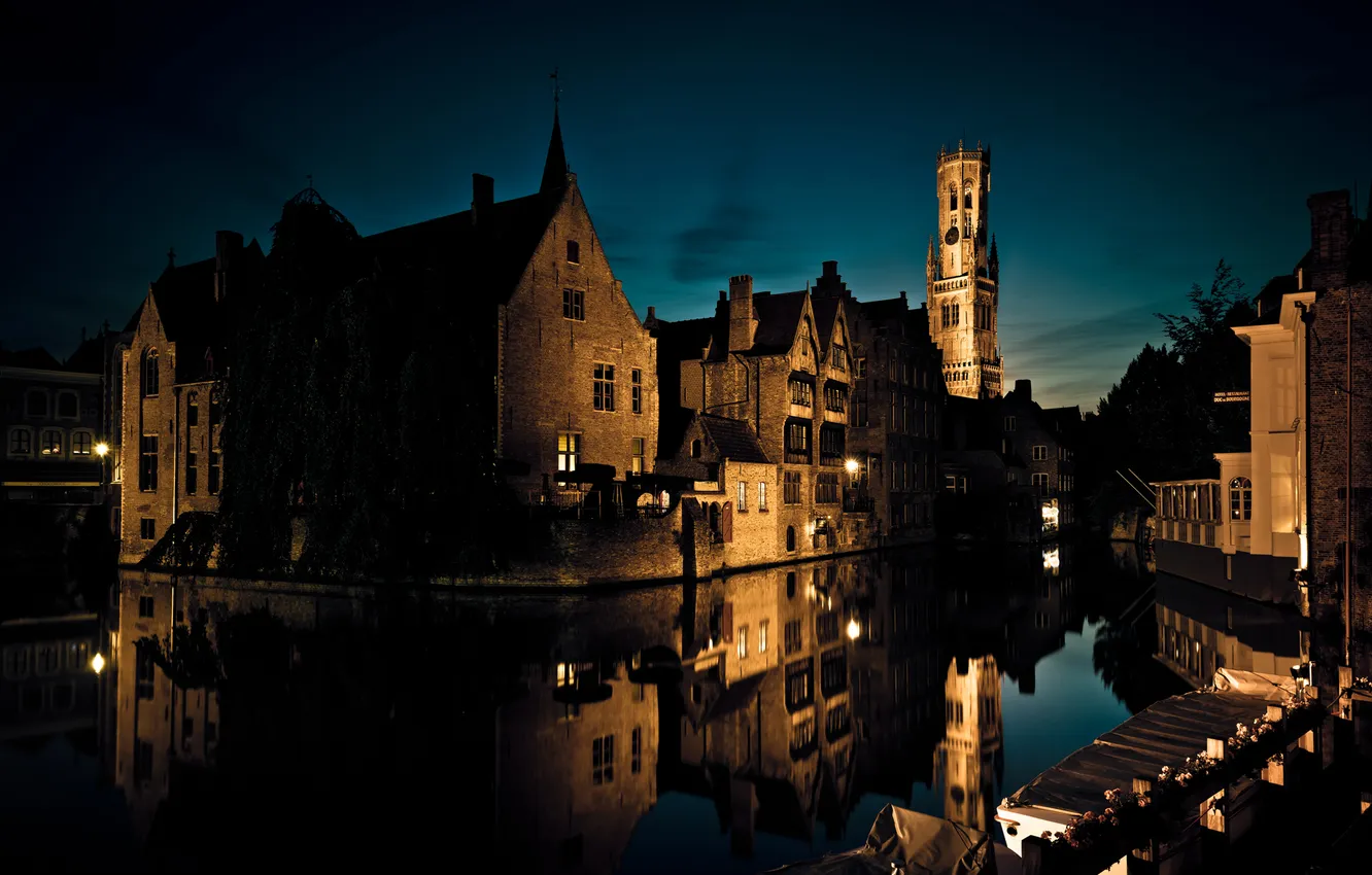 Photo wallpaper water, light, night, the city, street, home, the evening, channel