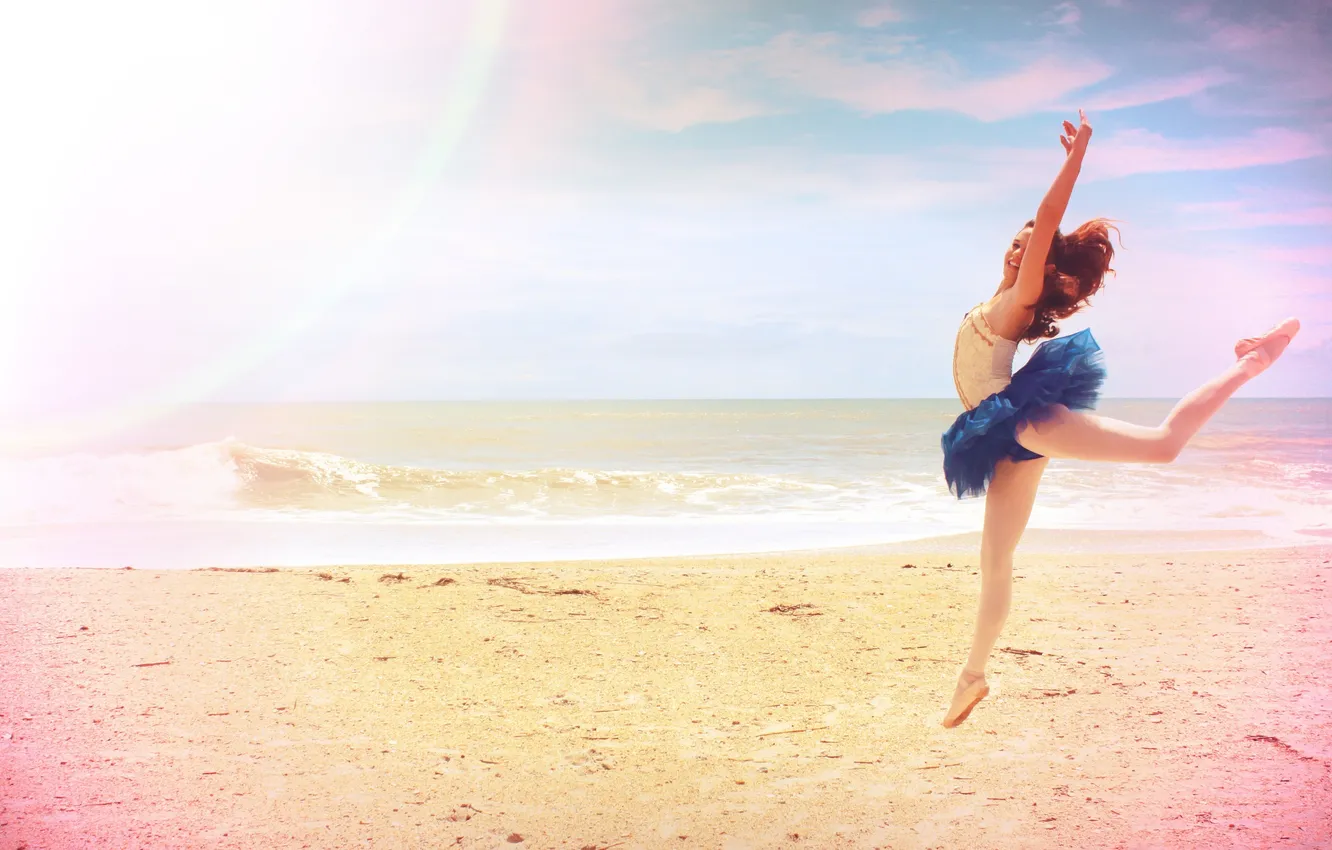 Photo wallpaper sand, sea, beach, girl, jump, ballerina