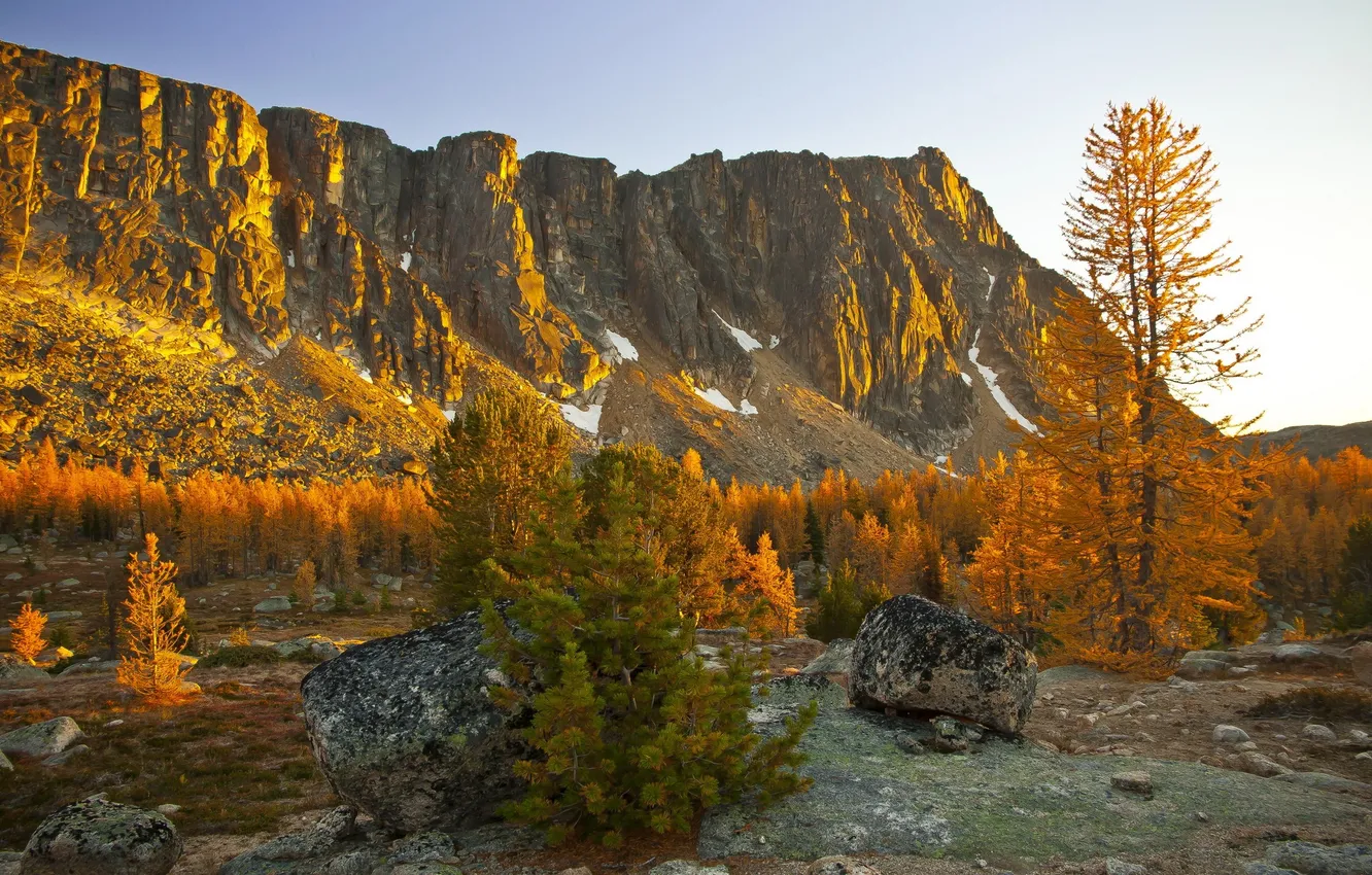Photo wallpaper autumn, trees, mountains, stones, USA, North Cascades National Park