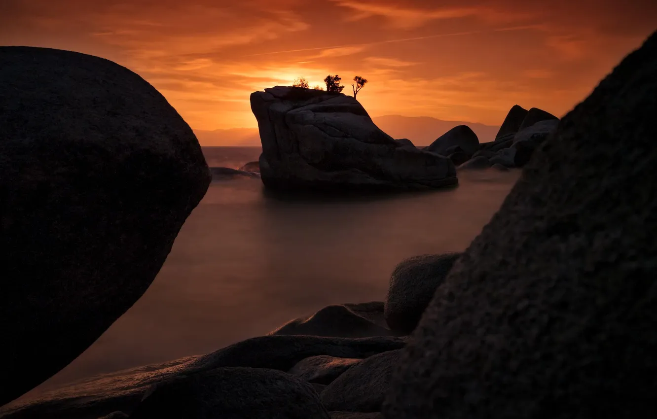 Photo wallpaper landscape, sunset, lake, rocks, sunsets, Lake Tahoe, Bonsai Rock