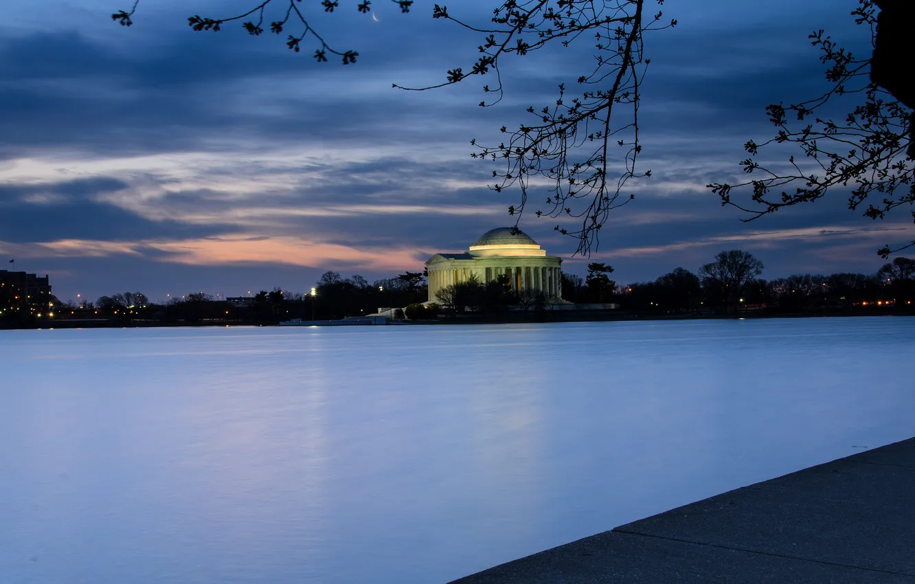 Photo wallpaper the sky, clouds, light, trees, sunset, blue, lights, Park