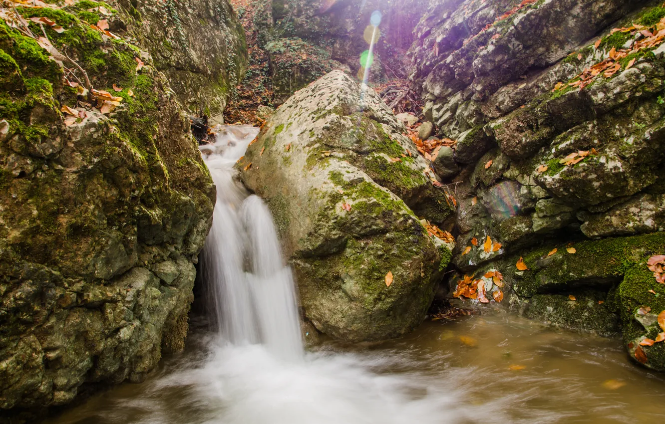 Photo wallpaper water, glare, stones, waterfall, moss