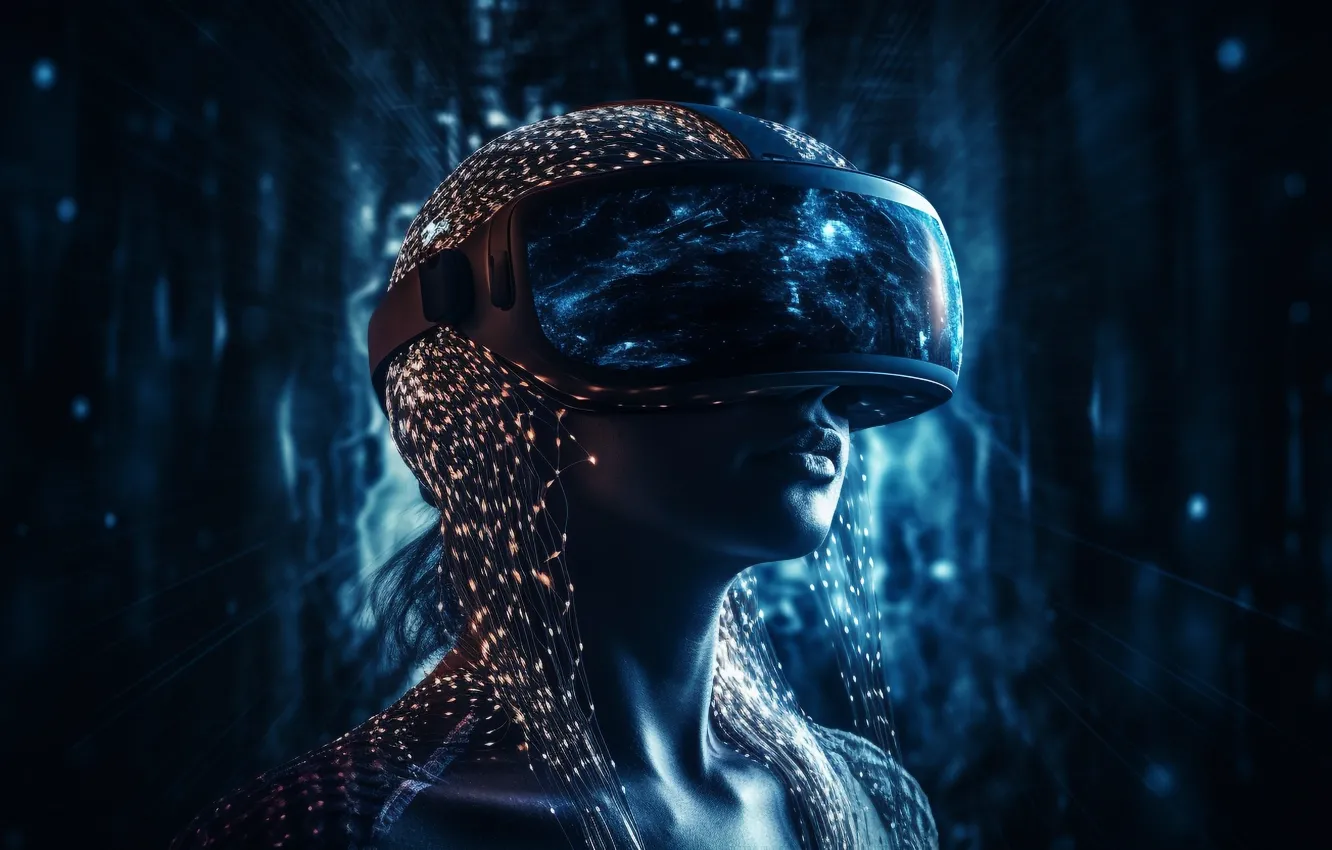 Photo wallpaper girl, glasses, digital art, AI art, The Art of Artificial Intelligence, Futuristic Virtual reality, neural …