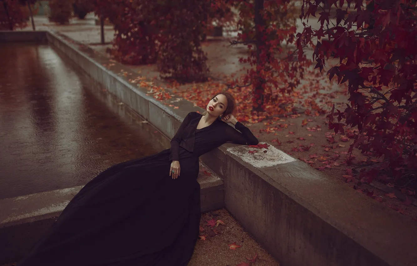 Photo wallpaper autumn, girl, pose, rain, dress