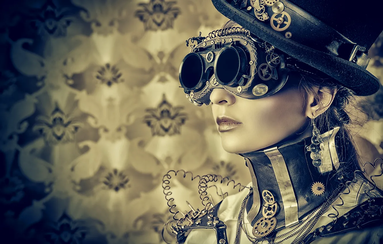 Photo wallpaper girl, style, wire, hat, glasses, steampunk
