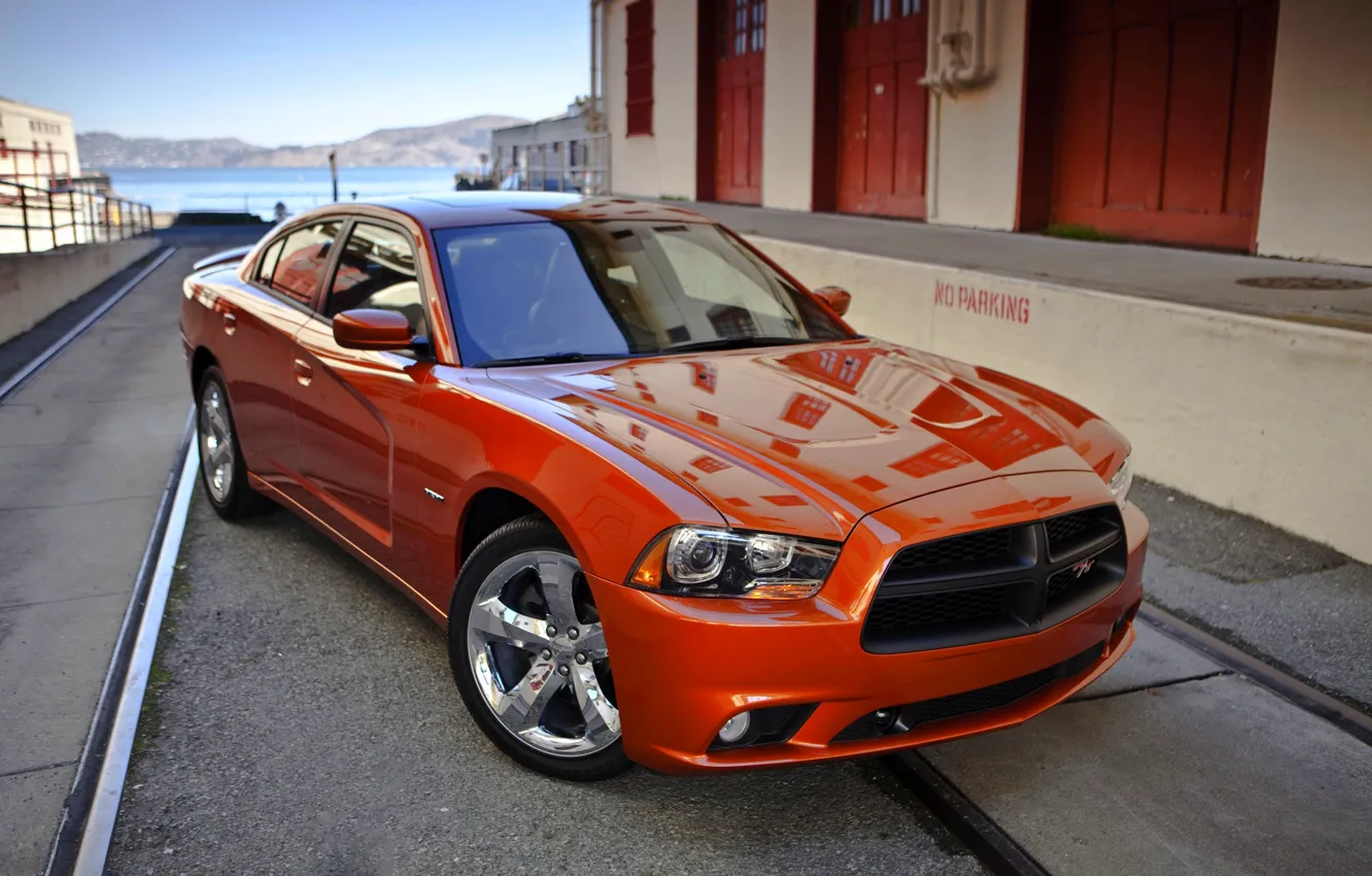 Photo wallpaper Auto, Dodge, Orange, The hood, Dodge, charger, The front